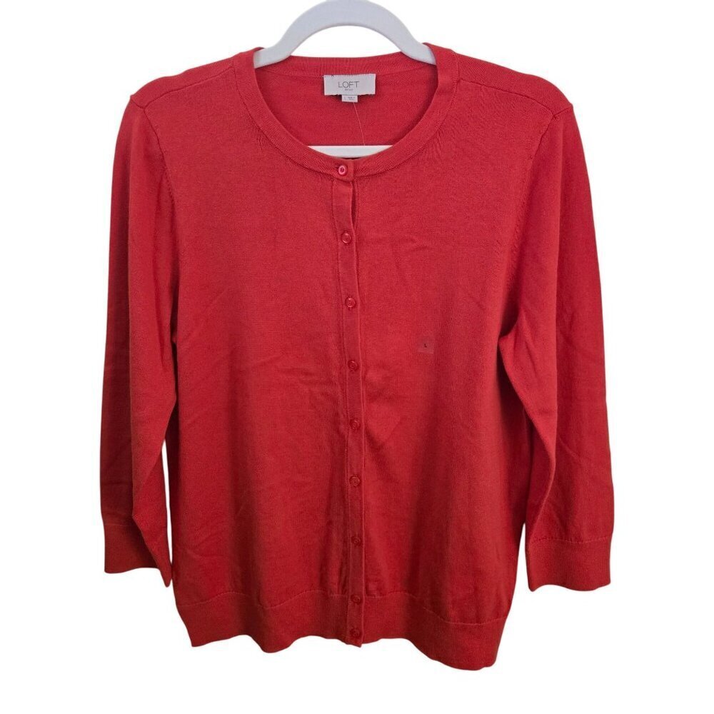 Loft NWT Tomato Red 3/4 Sleeve Crewneck Cotton Cardigan Sweater Size L